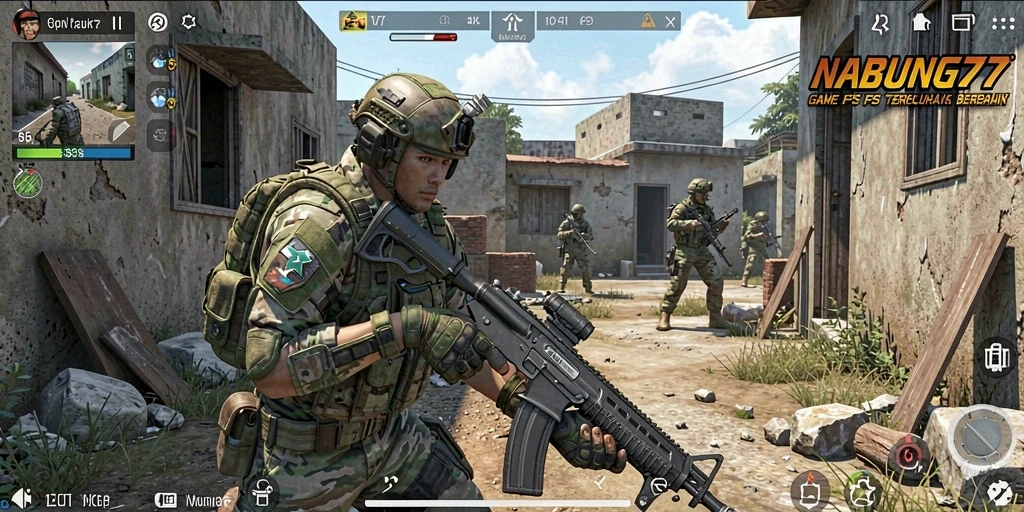 Screenshot gameplay NABUNG77 menampilkan aksi tembak-menembak yang mendebarkan.