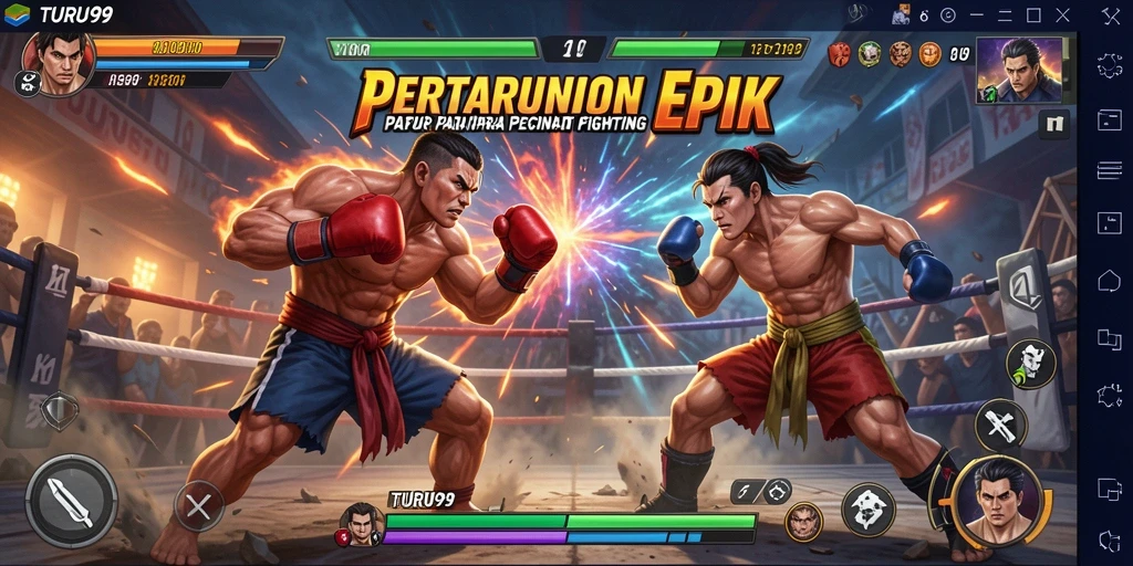 Tangkapan layar TURU99 menampilkan pertarungan seru dengan karakter yang beraksi.