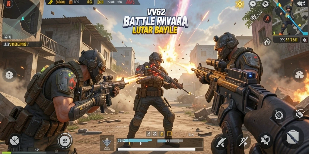 Tampilan seru dalam gameplay Battle Royale VV62.